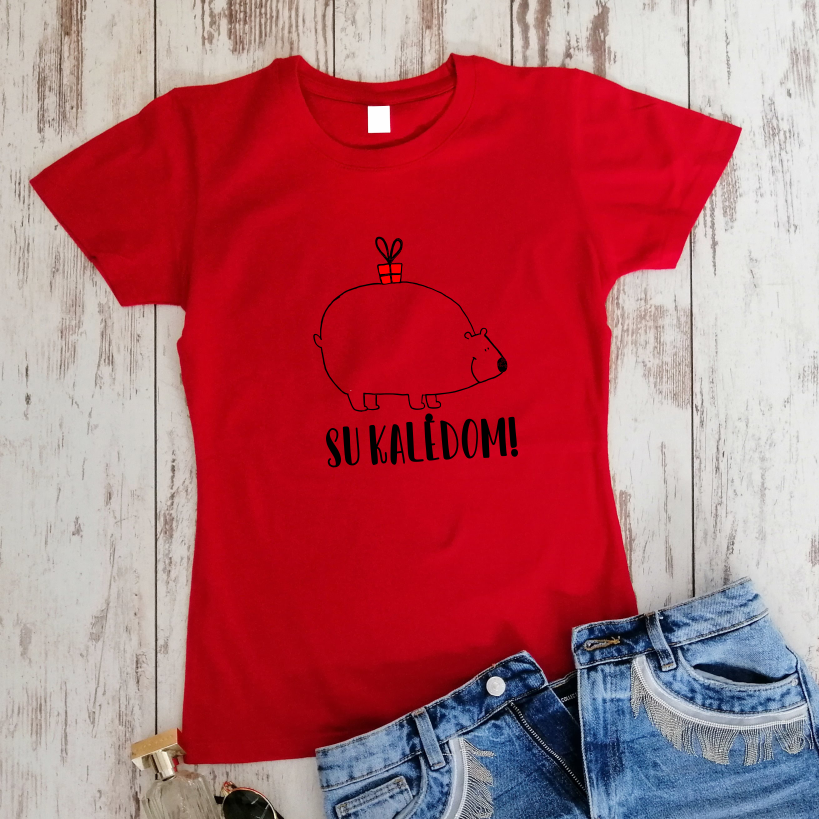 Raudoni moteriški marškinėliai "Baltoji meška su dovana"