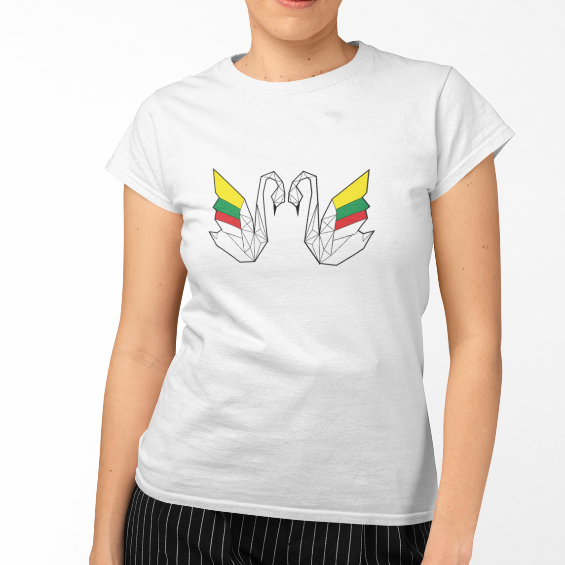 Balti moteriški marškinėliai "Geometrinės gulbės"