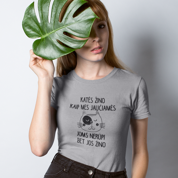 Pilki melanžiniai moteriški marškinėliai "Katės žino"