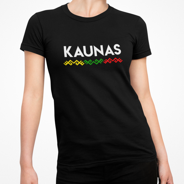 Juodi moteriški marškinėliai ''Kaunas su tautiška juosta"
