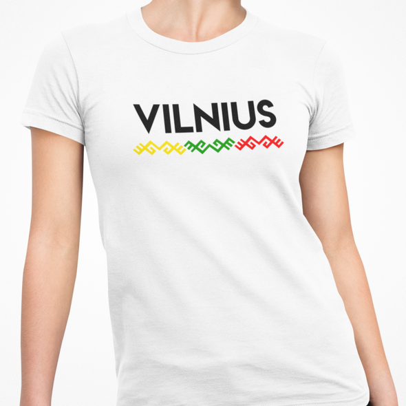 Balti moteriški marškinėliai ''Vilnius su tautiška juosta"