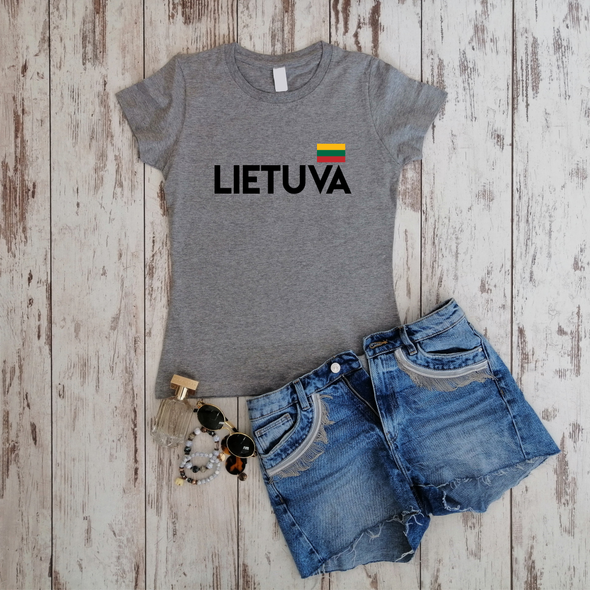 Pilki moteriški marškinėliai "Lietuva su maža vėliava"