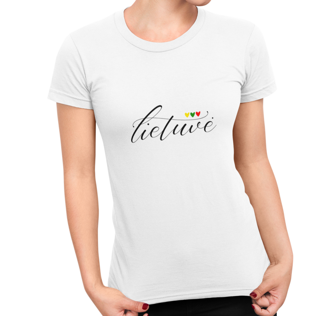 Balti moteriški marškinėliai "Lietuvė su širdelėmis"