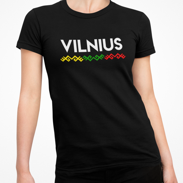 Juodi moteriški marškinėliai ''Vilnius su tautiška juosta"