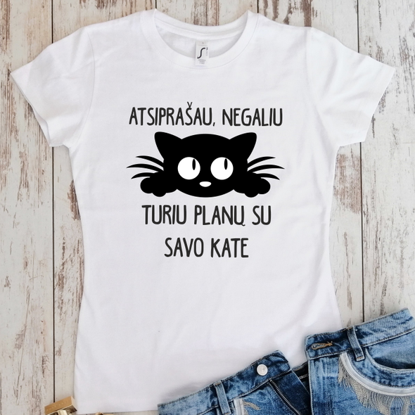 Balti moteriški medvilniniai marškinėliai "Turiu reikalų su savo kate"