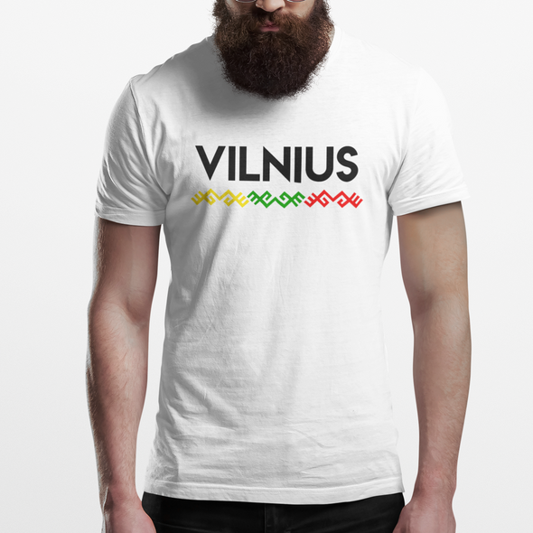 Balti Unisex marškinėliai "Vilnius su tautiška juosta“