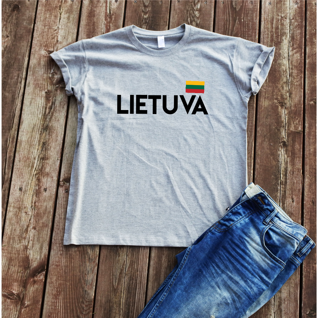 Pilki unisex marškinėliai "Lietuva su maža vėliava"
