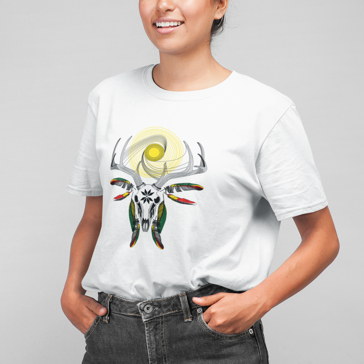 Balti UNISEX marškinėliai "Elnias devyniaragis"