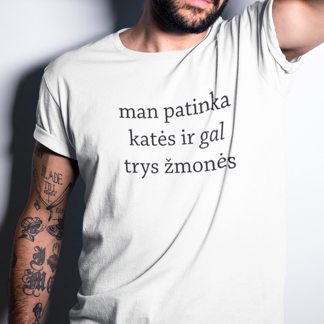 Balti UNISEX marškinėliai "Man patinka katės"