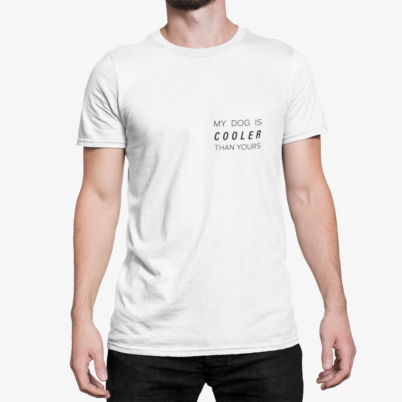Balti UNISEX marškinėliai "My dog is cooler" ant širdies nespalvotas