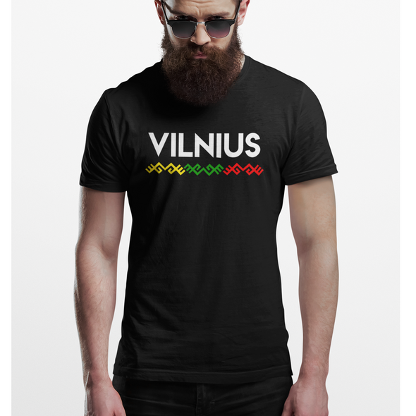 Juodi Unisex marškinėliai "Vilnius su tautiška juosta“