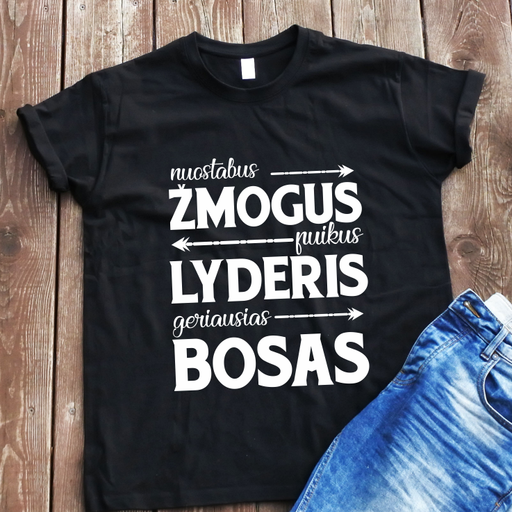 Juodi UNISEX marškinėliai "Žmogus, lyderis, bosas"