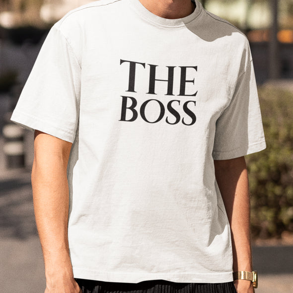 Balti unisex marškinėliai poroms "The boss & The real boss“ Vyriškas dizainas
