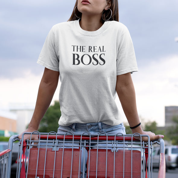 Balti unisex marškinėliai poroms "The boss & The real boss“ Moteriškas dizainas