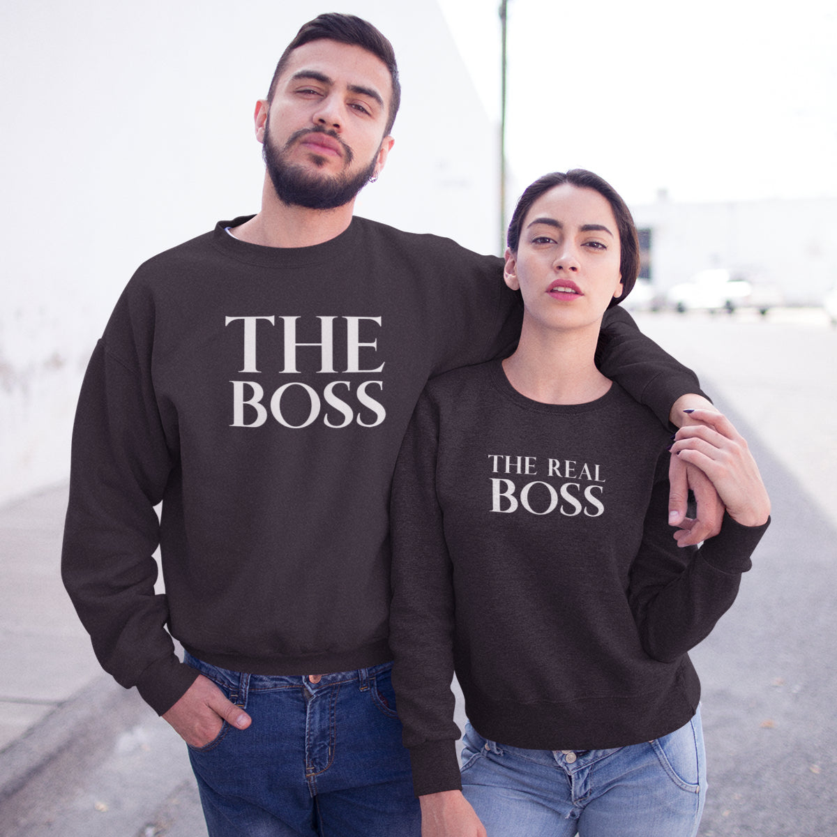 Juodi džemperiai be gobtuvu poroms "The boss & the real boss“ Moteriškas dizainas
