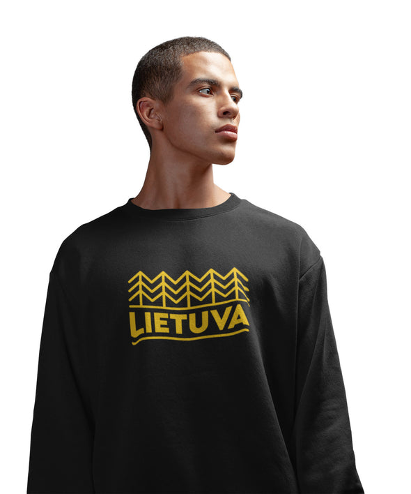 Juodas džemperis be gobtuvo su geltonu veliūriniu marginimu "Lietuvos miškas“