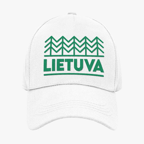 Balta kepurė su snapeliu ir aksominiu žaliu marginimu "Lietuvos sengirė“