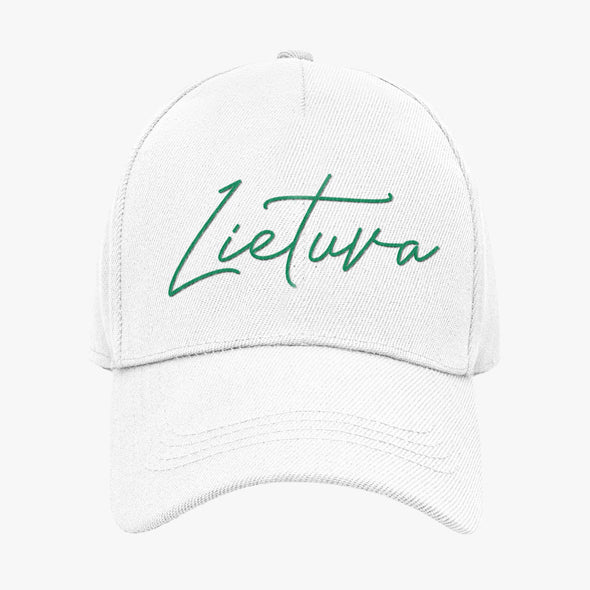 Balta kepurė su snapeliu ir aksominiu žaliu marginimu "Lietuva“
