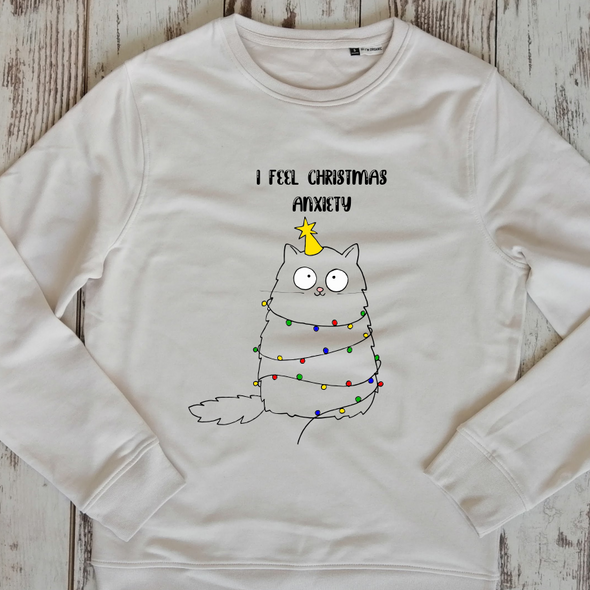 Dramblio kaulo spalvos organinės medvilnės UNISEX džemperis be gobtuvo "Christmas anxiety"