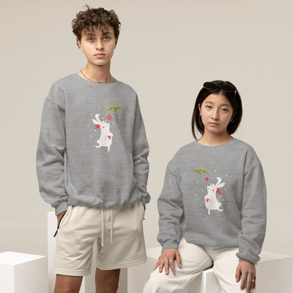 Pilki melanžiniai UNISEX džemperiai "Kalėdų zuikutis“