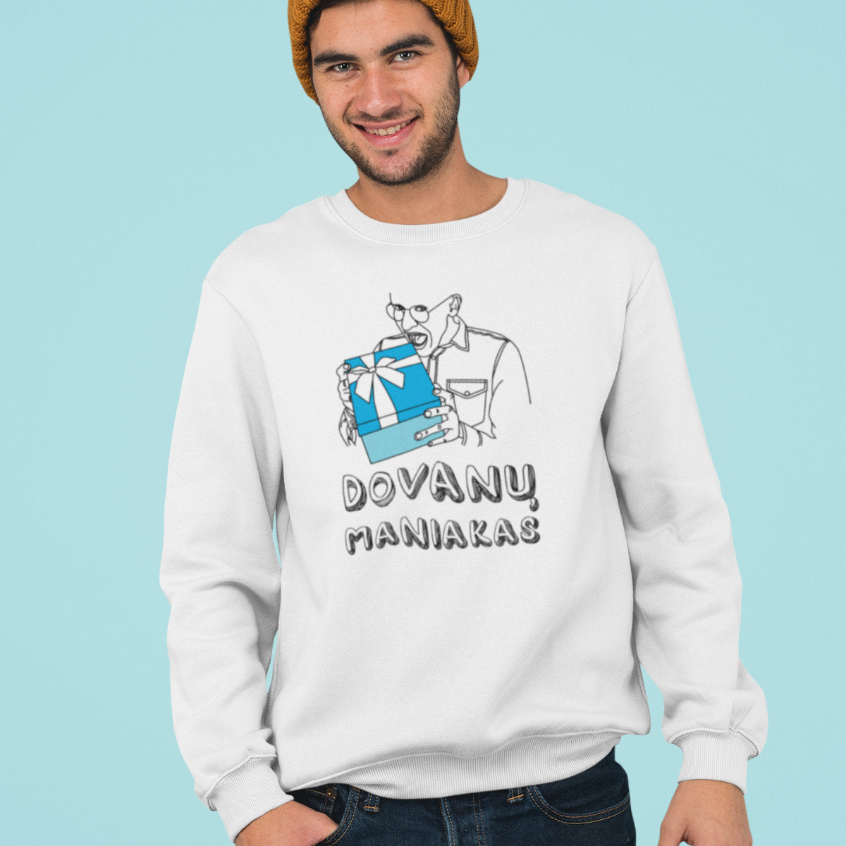 Baltas džemperis be gobtuvo "Dovanų maniakas"