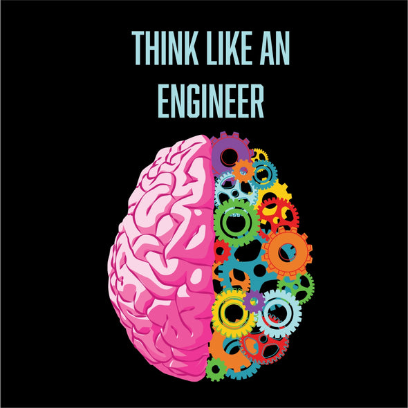 Juodi UNISEX marškinėliai su iliustracija "Think like an engineer"