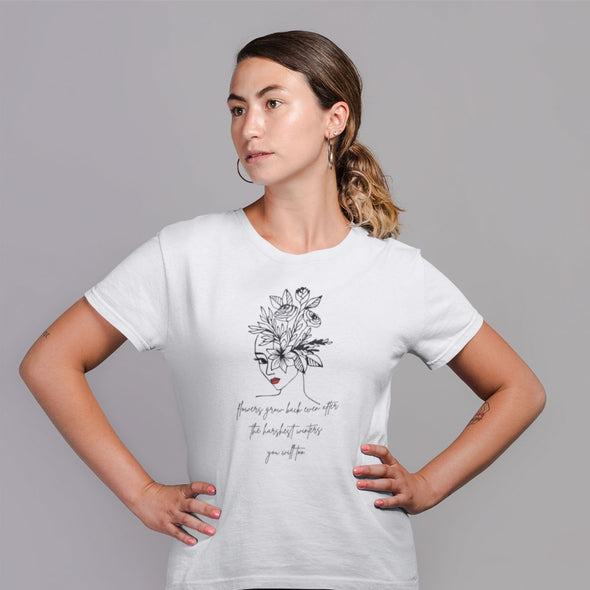 Balti ekologiški medvilniniai marškinėliai "Flowers grow back"
