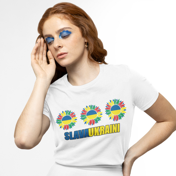 Balti UNISEX marškinėliai - Slava Ukraini. Trys saulėgrąžos
