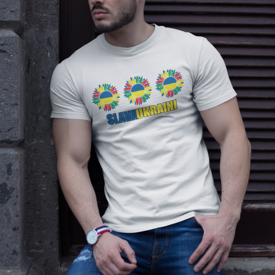 Balti UNISEX marškinėliai - Slava Ukraini. Trys saulėgrąžos