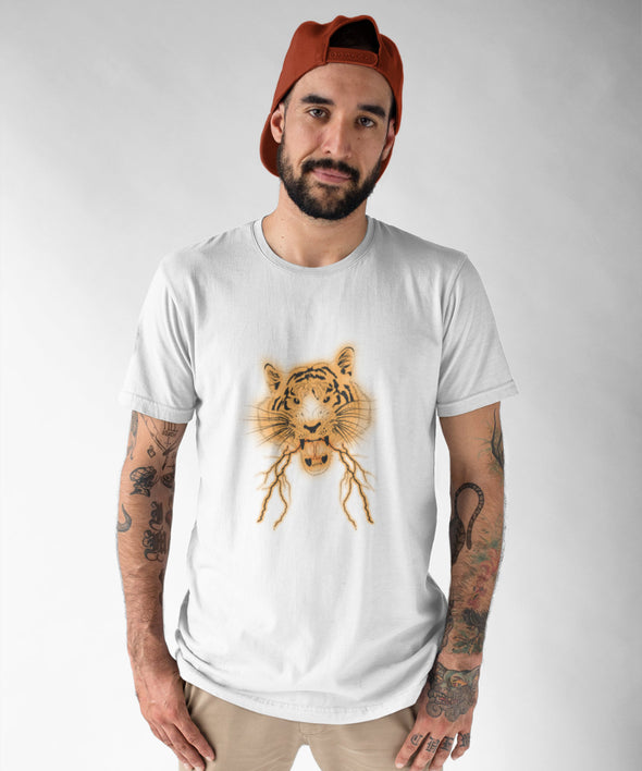 Balti UNISEX marškinėliai "Žaibų tigras“