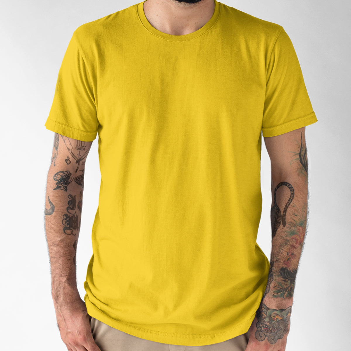 Geltoni UNISEX medvilniniai marškinėliai be spaudos