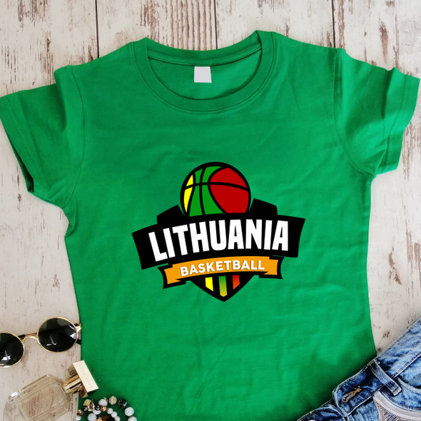 Žali moteriški marškinėliai "Lithuania basketball kamuolys su trispalve"