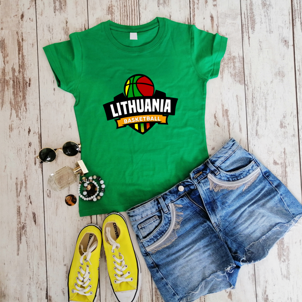 Žali moteriški marškinėliai "Lithuania basketball kamuolys su trispalve"