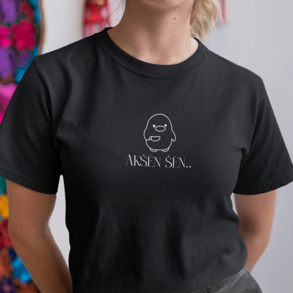 Juodi UNISEX marškinėliai su žemaitišku užrašu "Akšėn šėn"