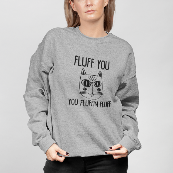 Pilkas džemperis be gobtuvo "Fluff you"