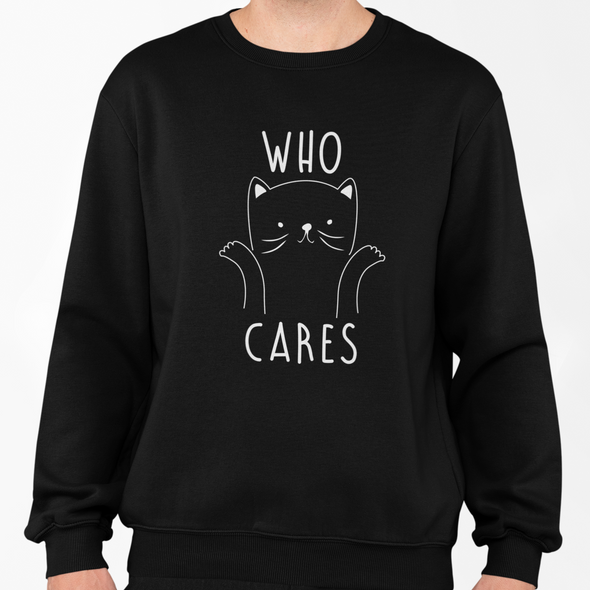 Juodas džemperis be gobtuvo "Who cares"