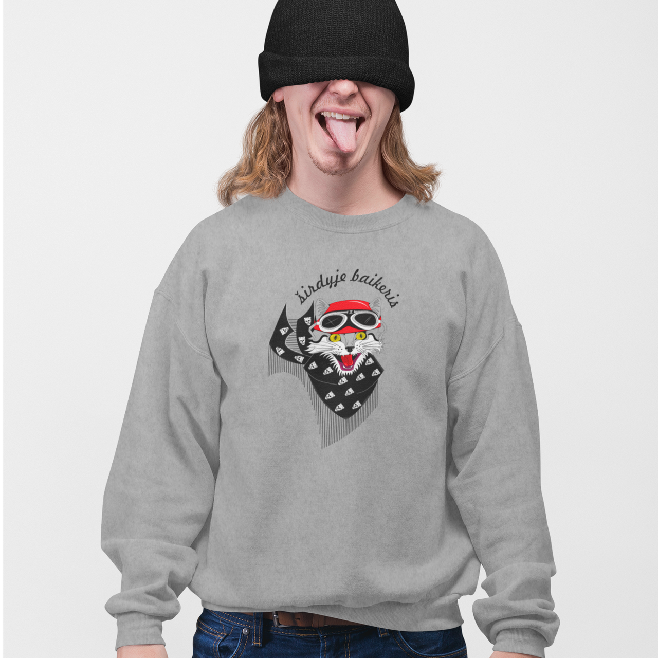 Pilkas džemperis be gobtuvo "Širdyje baikeris"