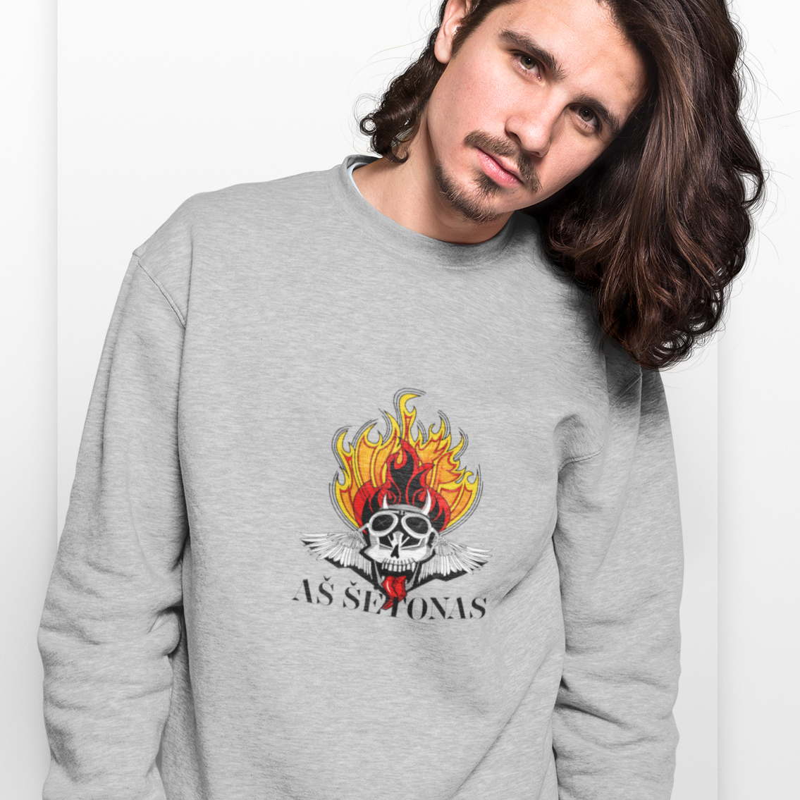 Pilkas melanžinis džemperis be gobtuvo su užrašu "AŠ ŠĖTONAS"