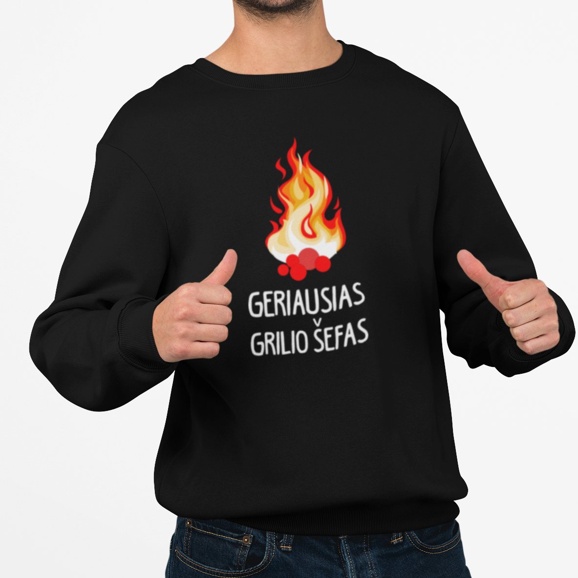 Juodas UNISEX džemperis be gobtuvo "Geriausias grilio šefas"