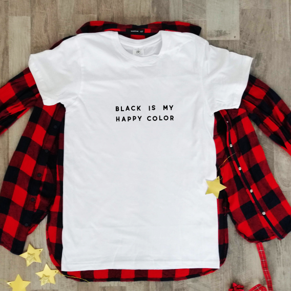 Balti marškinėliai "Black is my happy color"