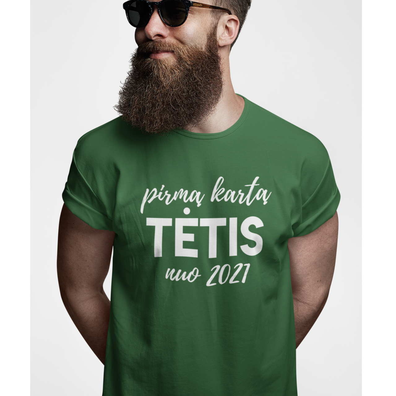 Žali marškinėliai su užrašu "Pirmą kartą tėtis"