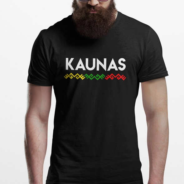 Juodi Unisex marškinėliai "Kaunas su tautiška juosta“