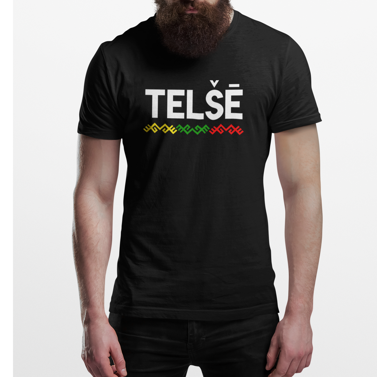 Juodi marškinėliai "Telše su tautiška juosta“