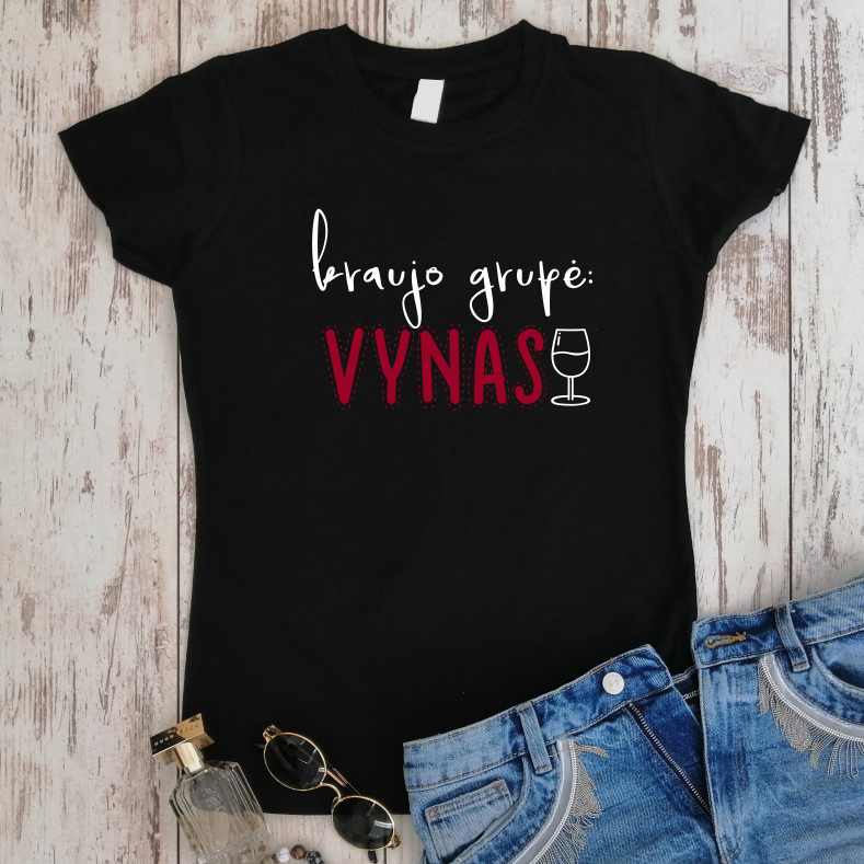 Juodi moteriški medvilniniai marškinėliai "Kraujo grupė - vynas"