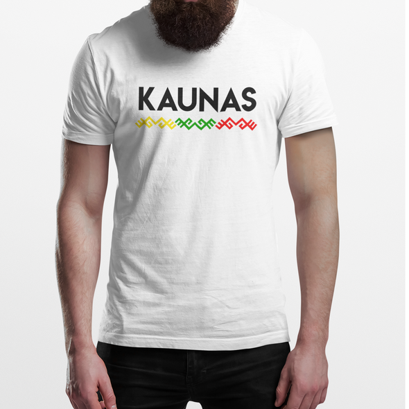 Balti Unisex marškinėliai "Kaunas su tautiška juosta“