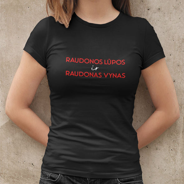 Juodi moteriški medvilniniai marškinėliai "Raudonos lūpos"