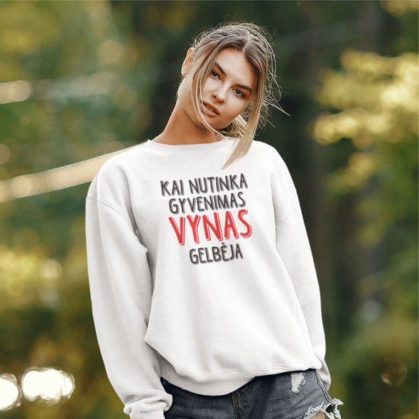 Baltas UNISEX džemperis be gobtuvo "Kai nutinka gyvenimas"