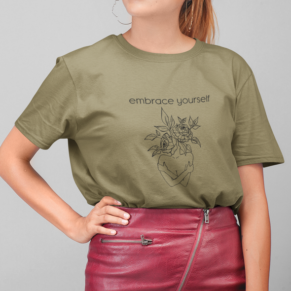 Khaki ekologiškos medvilnės marškinėliai "Embrace yourself"