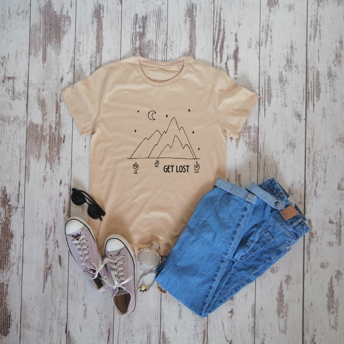 Smėlio spalvos ekologiškos medvilnės marškinėliai "Get lost"