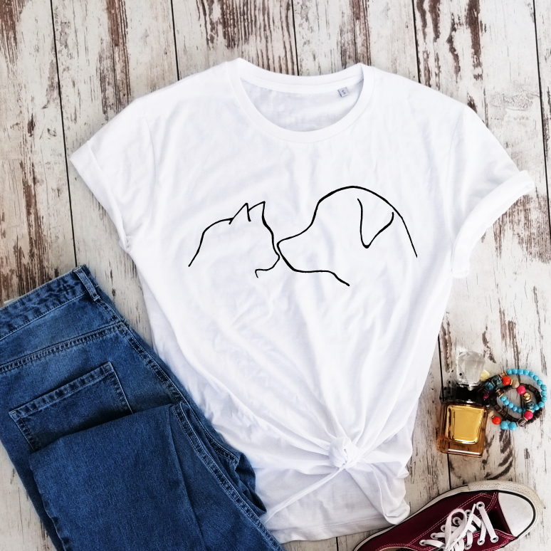 Balti medvilnės marškinėliai "Katinas ir šuo"